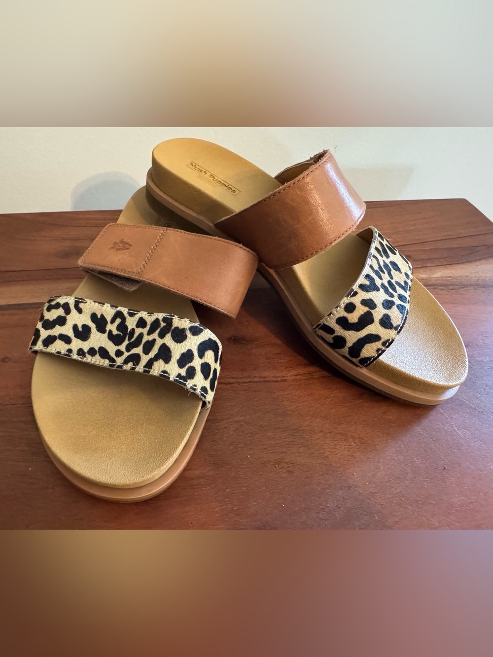 Hush Puppies Leopard Print + Tan Two-Band Slide Sandals